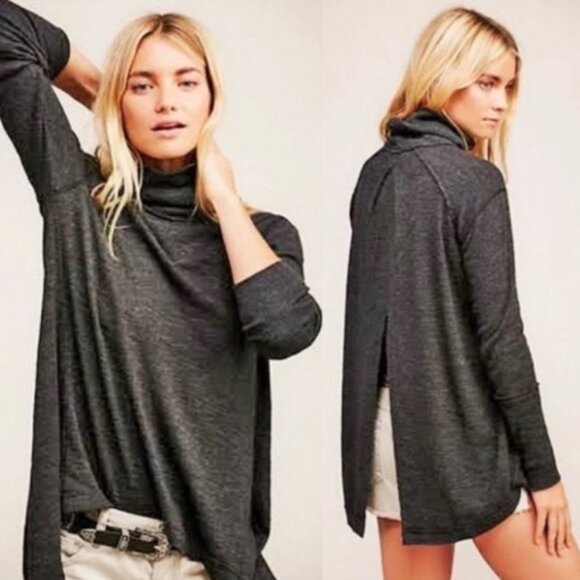 Free People We The Free Split Back Turtleneck Top Pullover In Black Size M EUC - Picture 1 of 13